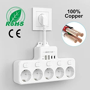 4000W 16A EU Multi-Contact Plug Power Plate Multi-Function Socket with 4 USB Fast Charging Ports 5 AC Power Jacks