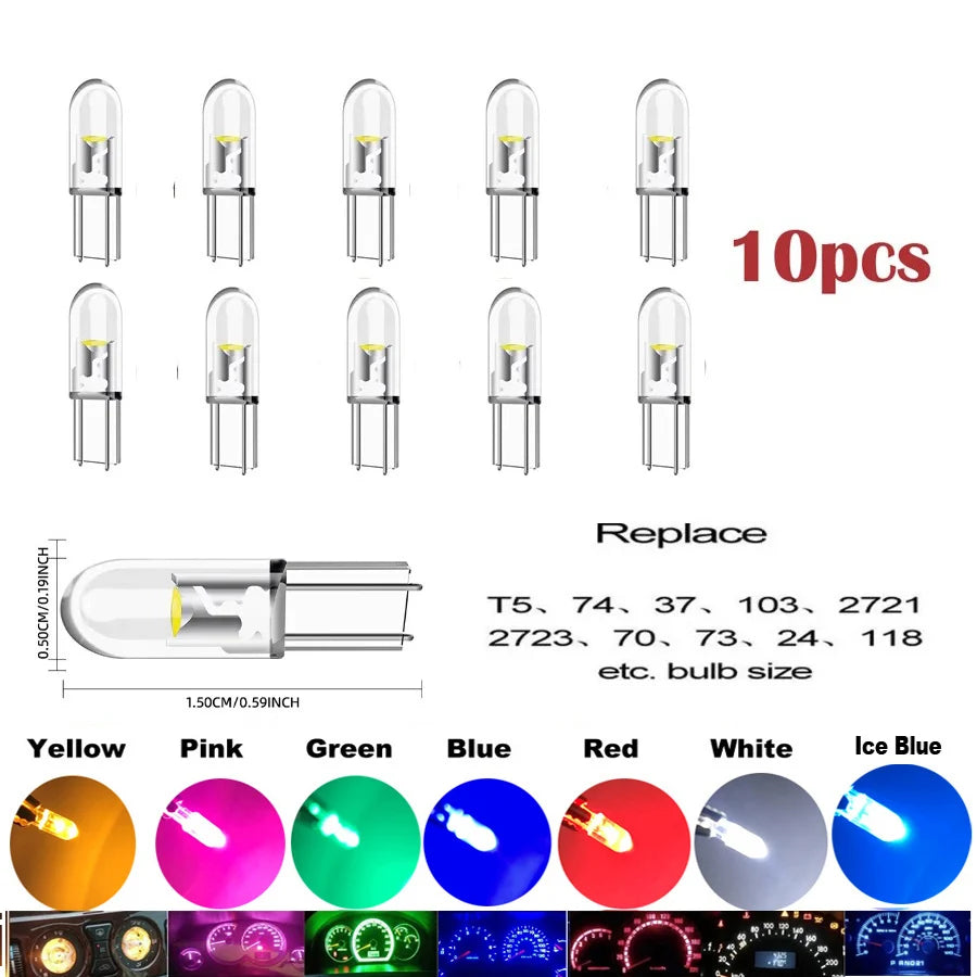 10pcs T5 PC74 B8.5 Led W3W Car Interior Light Dashboard Warming Indicator COB Chip Canbus Auto Instrument Light Wedge Gauge Bulb