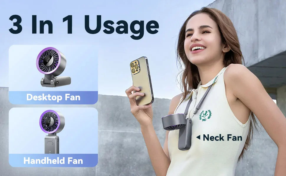 MUXNW 3 in 1 Portable Handheld Fan: Mini Personal Fan 3600mAh Rechargeable Foldable Turbo USB - Summer Beach Travel Cooling