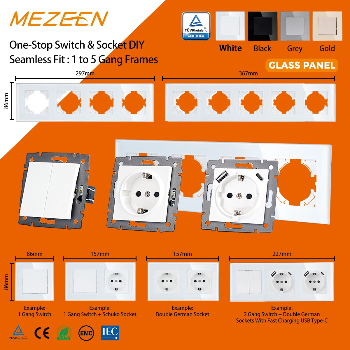 TUV Certified EU Standard Single Wall Socket with Double Power Plug USB Type-C Crystal Glass Panel 1Way Wall Switch 10A/16A 250V