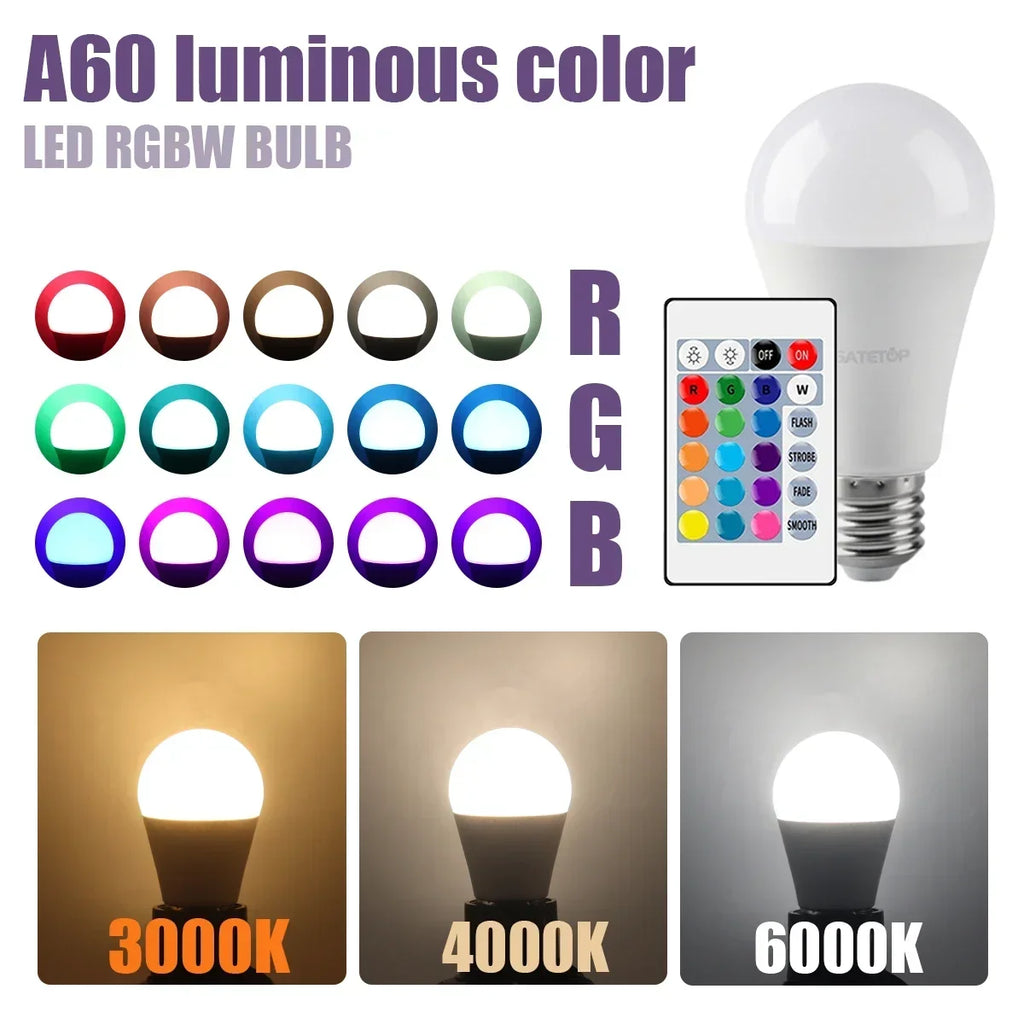 E27 Base RGB LED Bulb 24 Key Remote Control Dimmable 10W AC220V 110V Colorful Change For Bedroom Living Room Desk Lamp