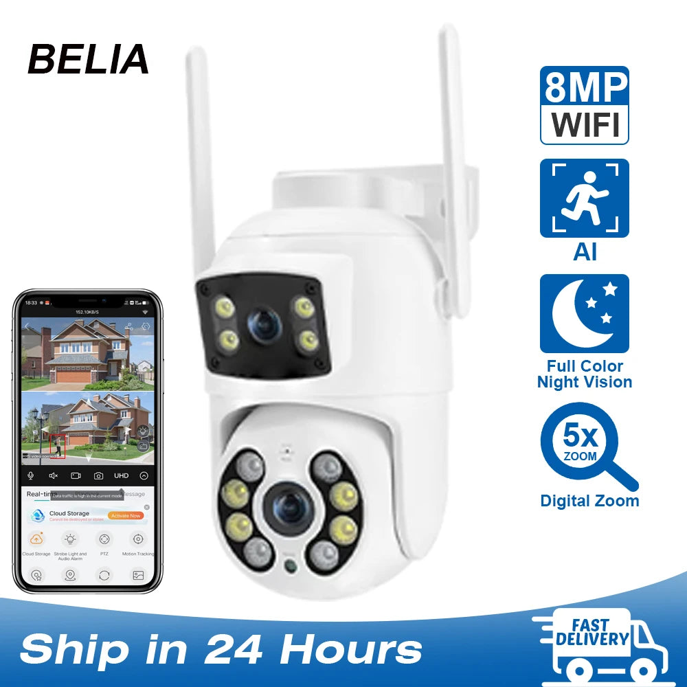 4K 8MP Dual Lens Dual Screens PTZ Wifi Camera with AI Human Detection Wireless Outdoor CCTV Security IP Camera Ziicam
