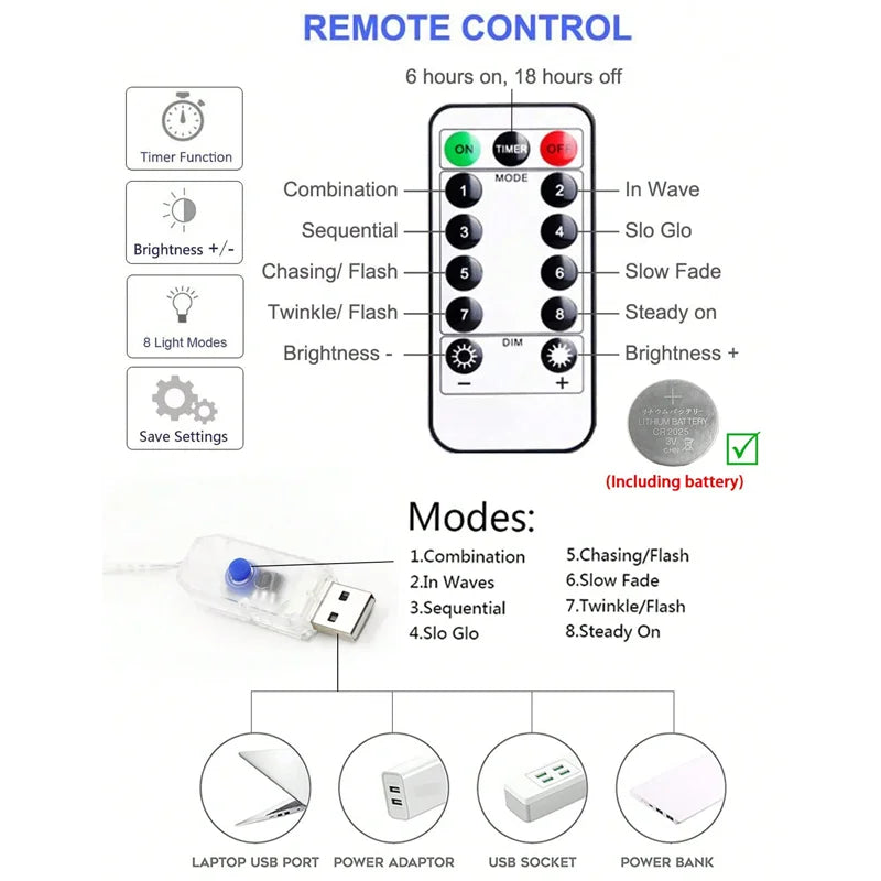 3/9M USB LED Curtain 8Modes Remote Control String Lights Holiday Wedding Fairy Garland Lights For Bedroom Living Room Decor