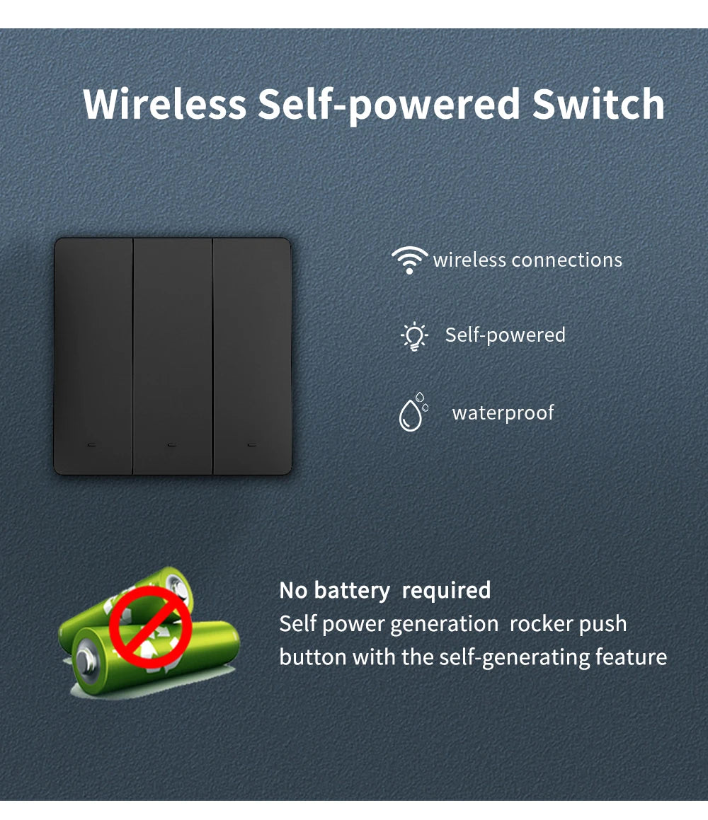 RF433 Self-Powered Wireless Light Switch, Kinetic Energy No Battery,Long Range Wall-Penetrating Signal, Easy Retrofit for Home
