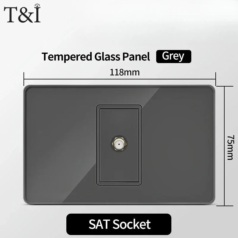118*75mm TEMPERED GLASS SWITCH PANEL Wall Socket with USB Type - C, Grey US Switch, Thai Plug for Home & Office Use
