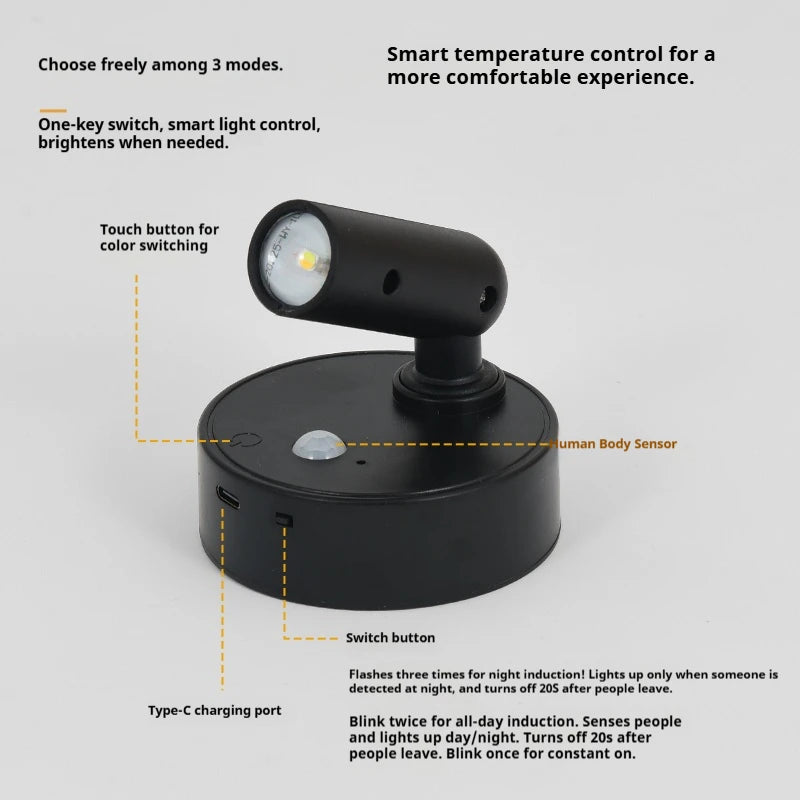 LED Light Magnetic Rechargeable Wall lamp Spotlight Atmosphere Light  No Punch Reading Light Touch Switch Dimmable Bedside Lamp
