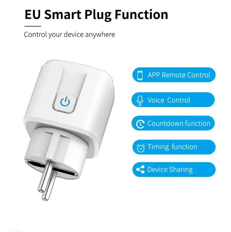 Works with Tuya Smart Life App Wifi Plug 20A Smart Socket EU Power Monitor Remote Control Outlet Works with Alexa Google Home