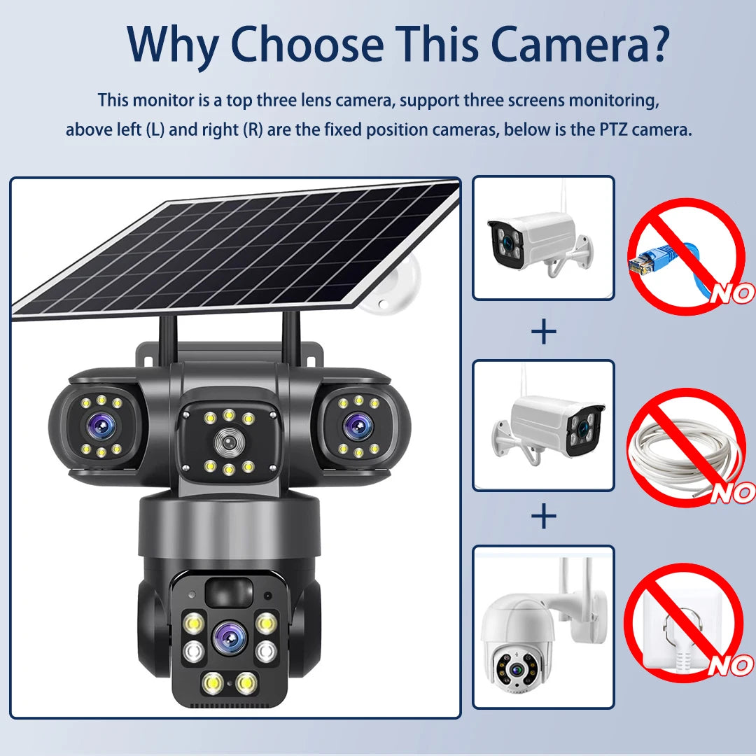 15MP IP Wifi Camera Wireless Solar Camera PTZ 3 Lens Outdoor Waterproof 10X Zoom Night Vision PIR Human Detect Security Camera