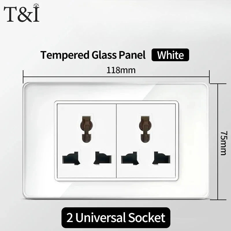 T&I 118*75mm Tempered Glass US Wall Socket White Thai USB Socket Plug with Dual USB Type-C Ports,Light Switch 110V