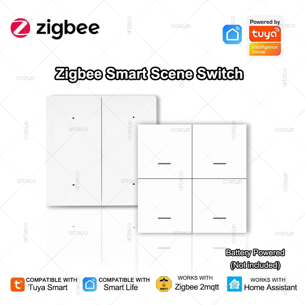 Tuya ZigBee Wireless 4 Gang Scene Switch Push Button Controller Battery Powered Smart Life App Home Automation For Zigbee Device