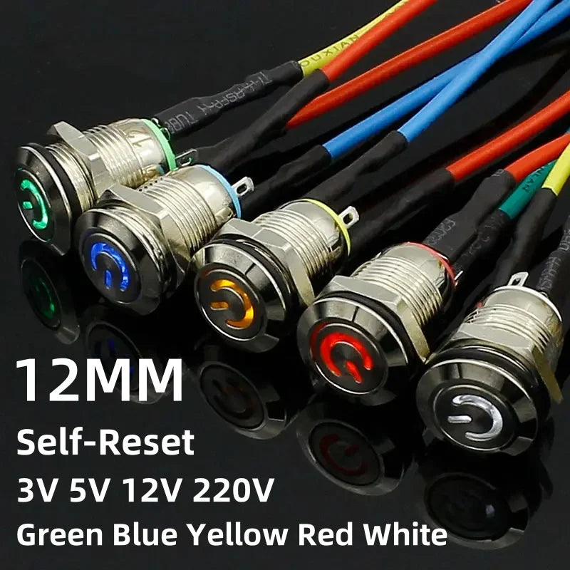 1PC 12mm 3V 5V 12V 220V Angel Eye Aluminum Metal LED Power Push Button Switch Self-reset Metal Switch Normally Open