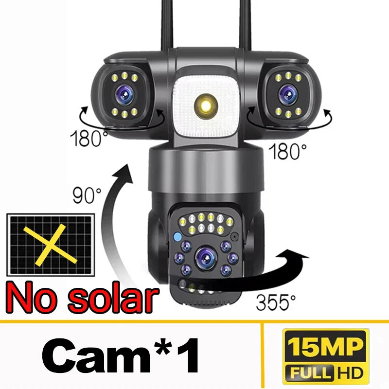 15MP IP Wifi Camera Wireless Solar Camera PTZ 3 Lens Outdoor Waterproof 10X Zoom Night Vision PIR Human Detect Security Camera