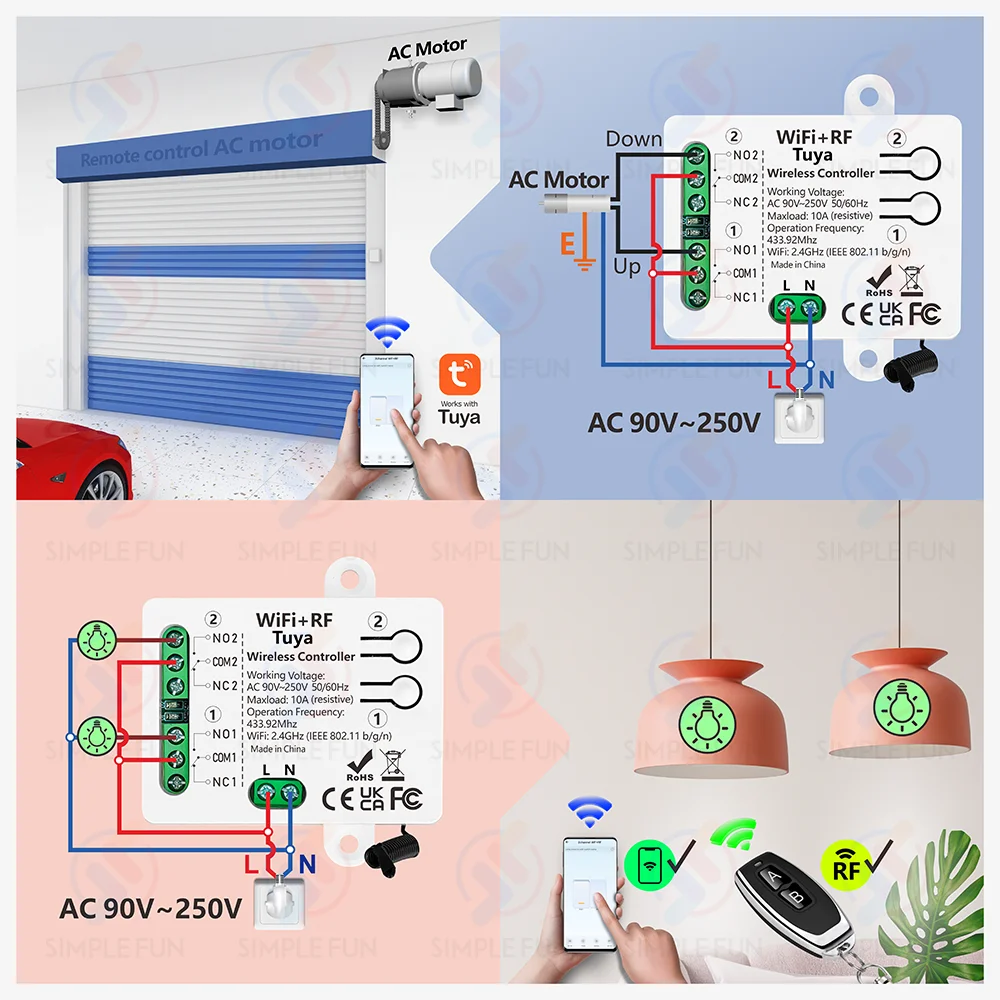 Tuya WiFi RF 433Mhz Smart Light Switch Motor Switch AC 110V 220V 230V 10A 2CH Support Alexa Google Home,for Lamp Garage Door