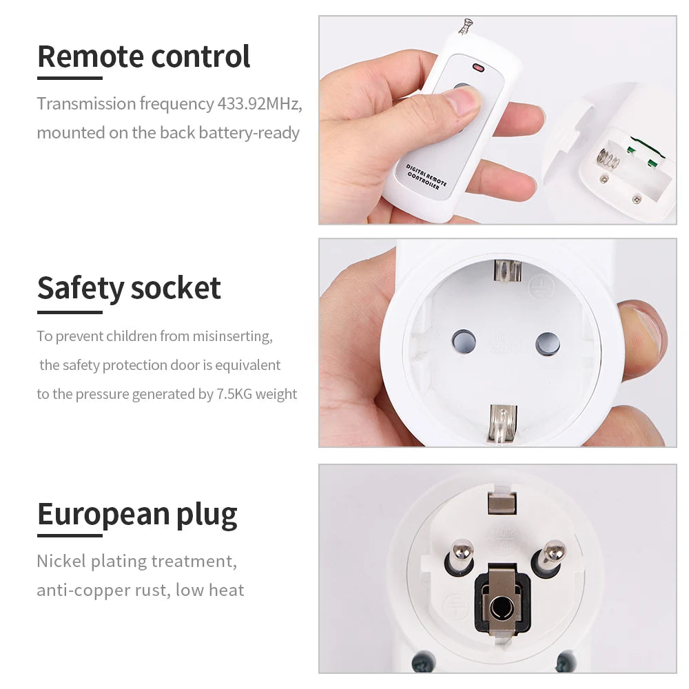 433Mhz Wireless Remote Control Socket Smart EU Plug 50m Remote Power Outlet 15A 220V-240V for Home Appliance Light Fan