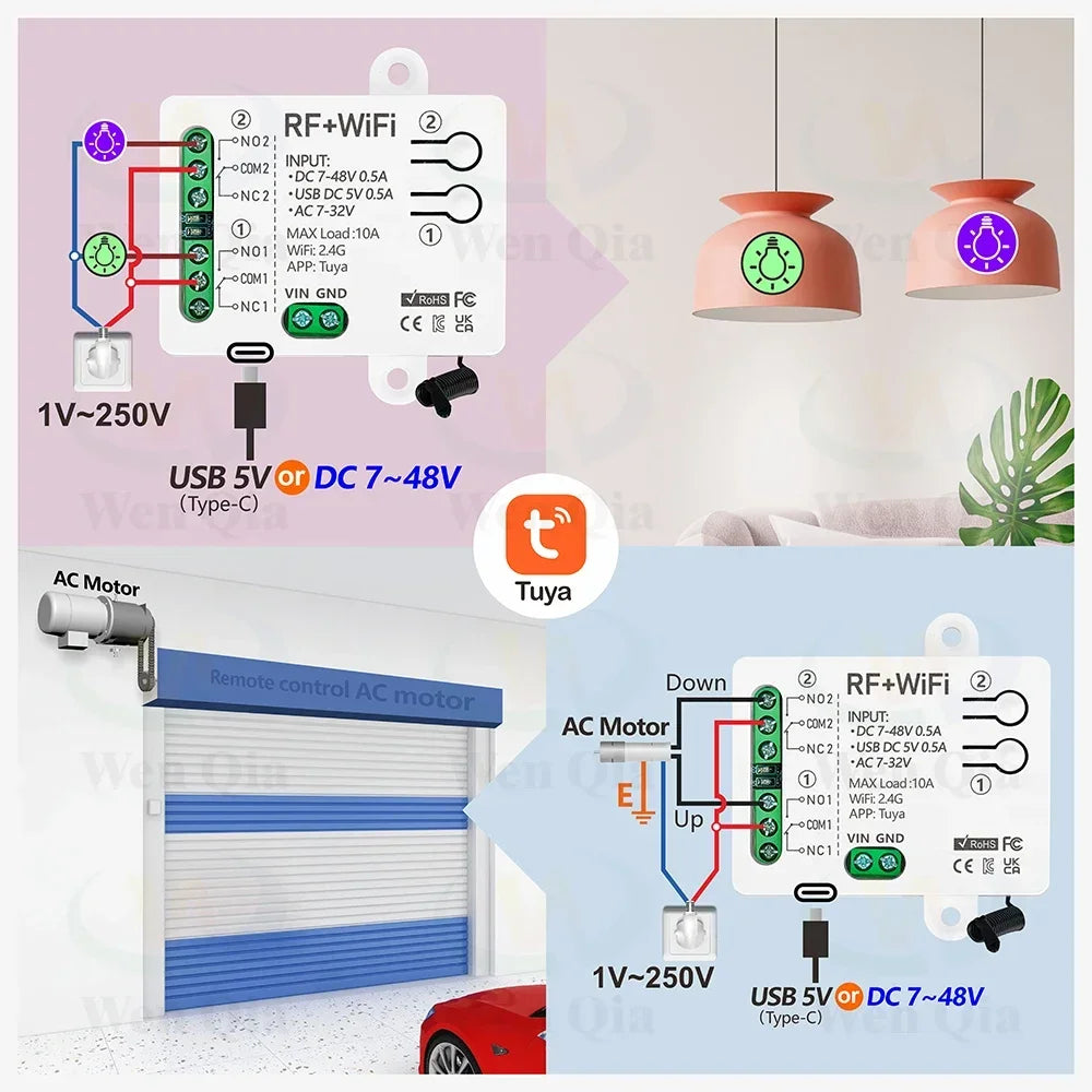 2CH Smart Light Switch Tuya,WiFi & RF Remote Control Module,USB 5V DC 12V 24V 48V,work with Alexa Google Home,for Lamp Fan Motor