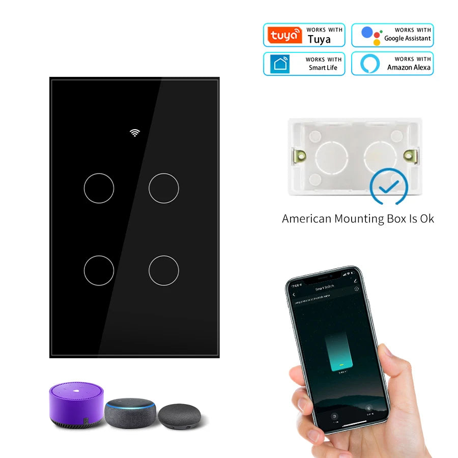 Tuya WiFi Smart Home Light Switch RF433 Neutral Wire/No Neutral Wire Required US Wall Touch Switches Support Alexa Google Home