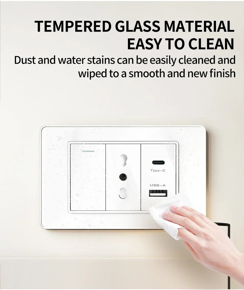 118 Series Black Tempered Glass Wall Switch Socket Italy Standard 16A Outlet with USB Type-C 20W Fast Charging for Home Office