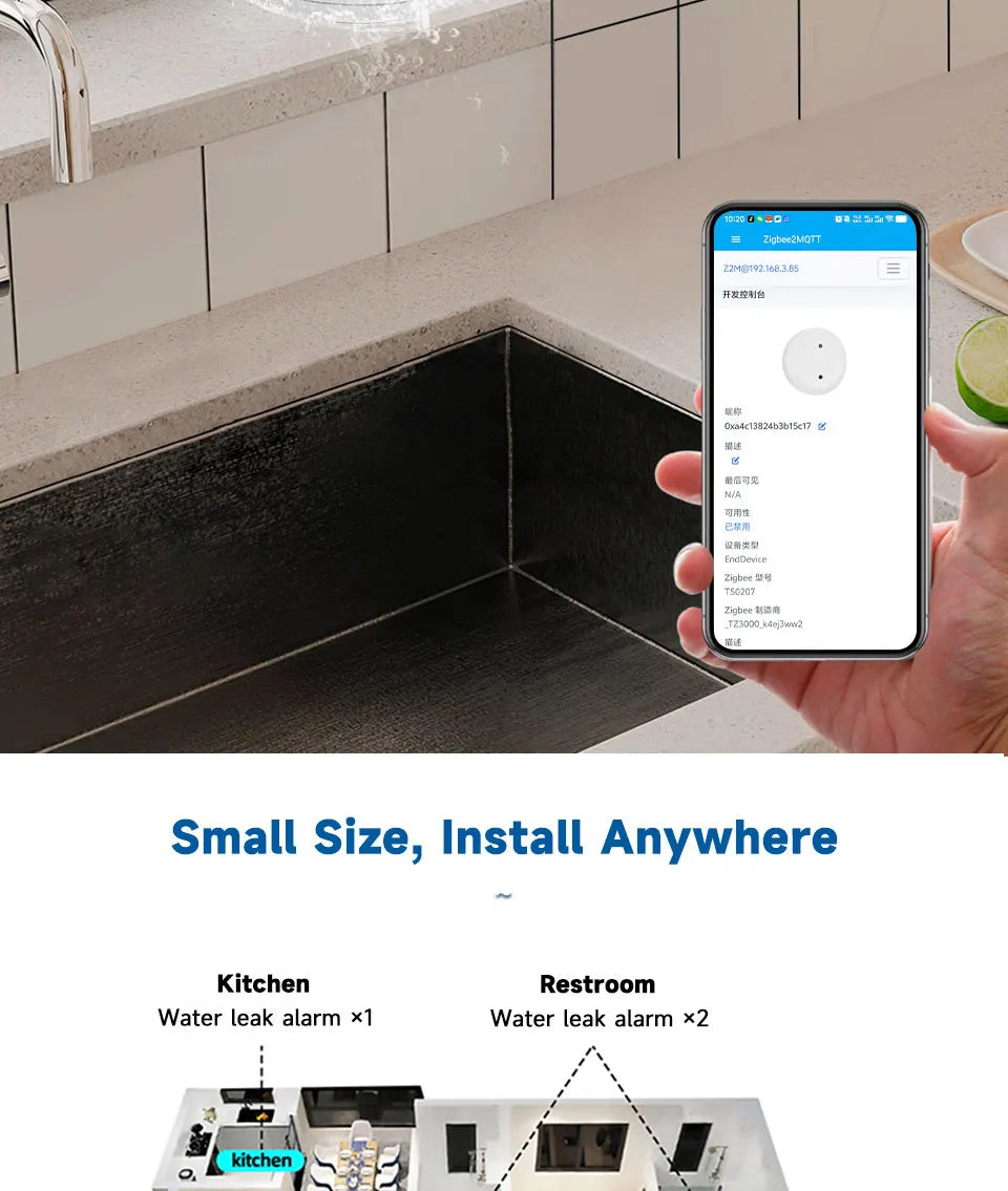 Zigbee Water Flood Sensor Leak Detector Home Security Alarm Remote Monitor Works with Home Assistant Zigbee2MQTT