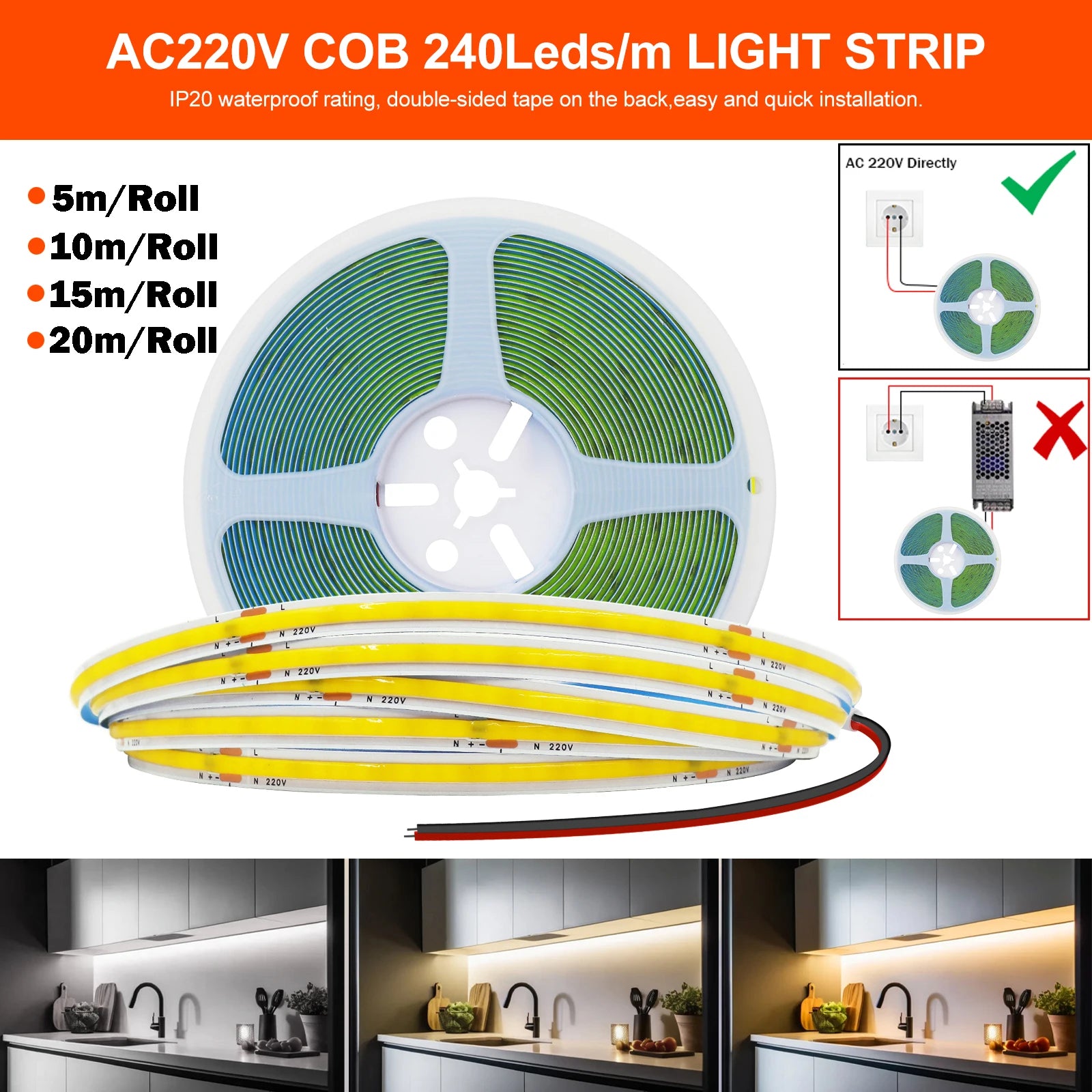 220V COB LED Strip Light 5M 10M 15M 20M Flexible Tape No Need Driver High Brightness 240LEDs RA90 Red Blue White Linear Lighting