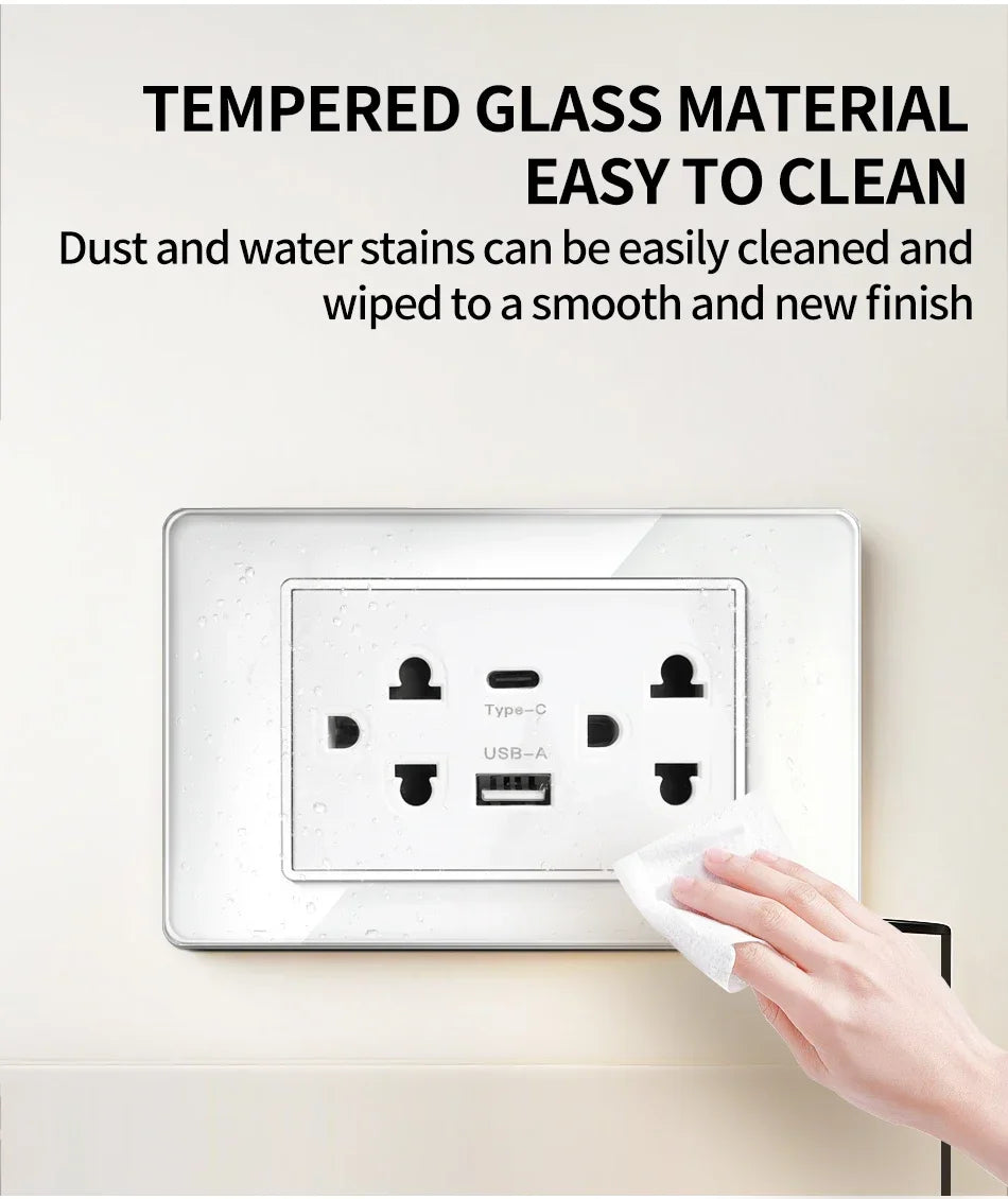 US MexicoSeries Tempered Glass Panel Plate Power Wall Socket USB Type-C Outlet Light Switch 2Way Control Home Office 110V