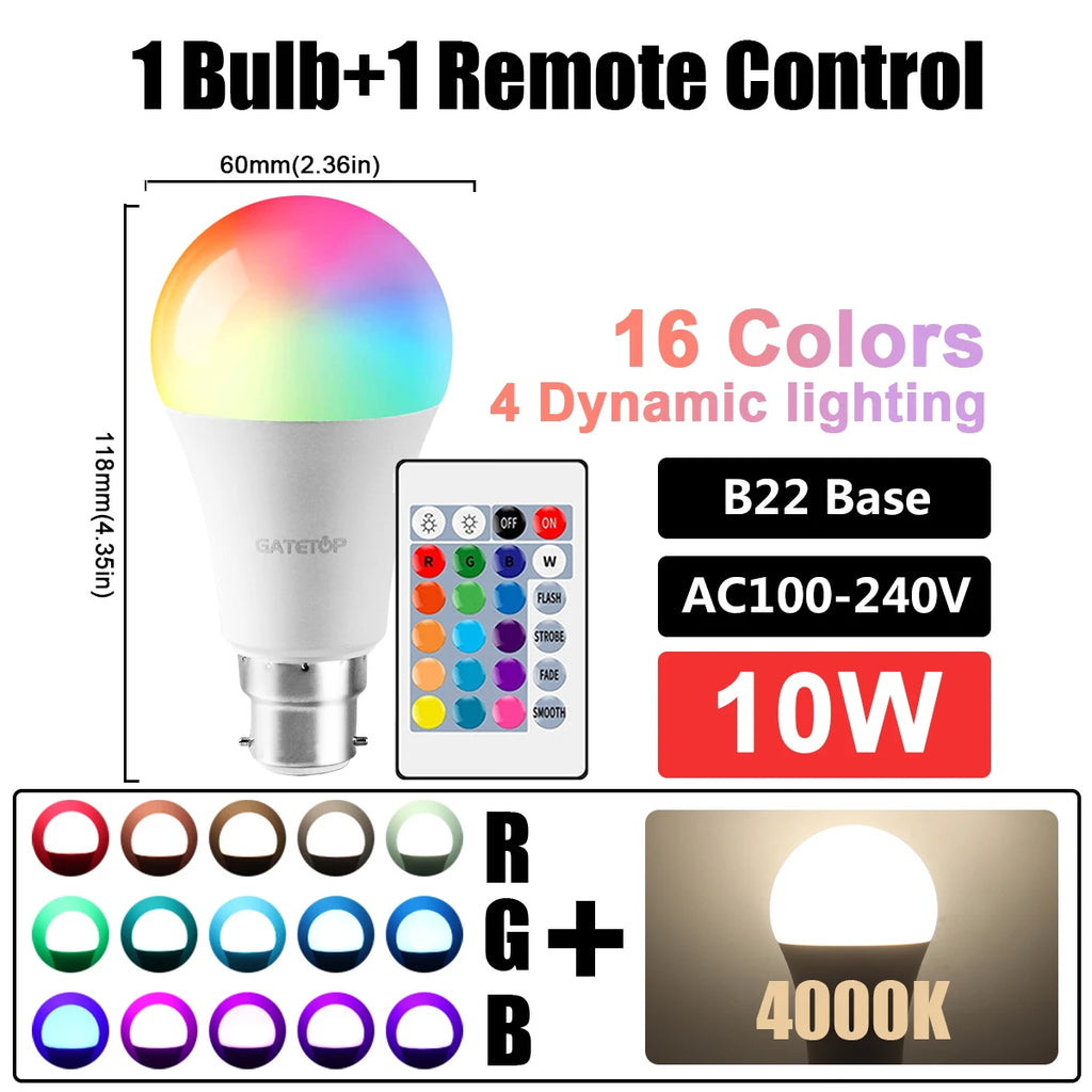 1-10pcs RGB Dimmable Bulb E27 B22 110V 220V Lamp Smart 24 Key Remote Control RGBW Light Dimming Bulbs for Livingroom