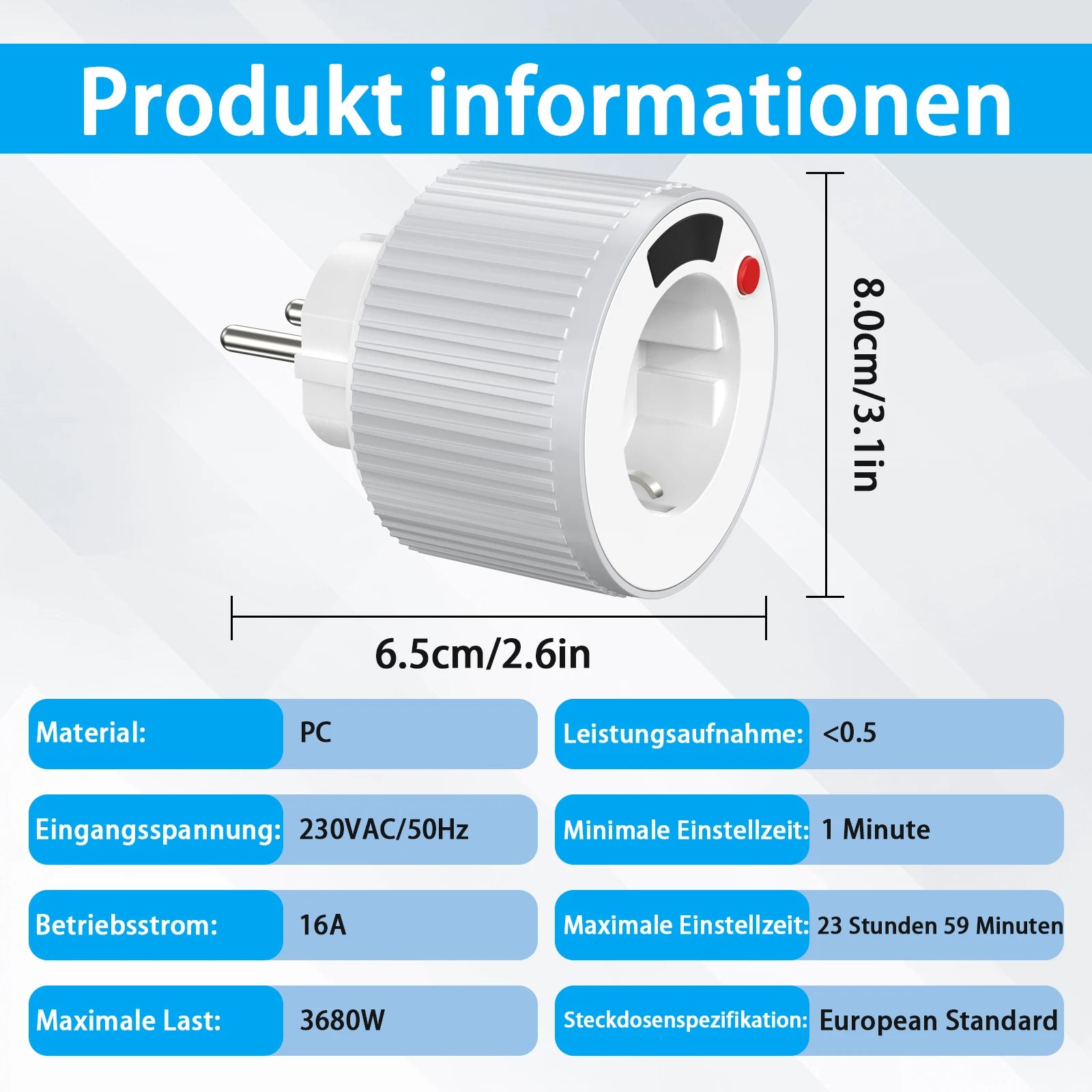 24-hour European standard rotary timer socket, rotary time adjustment, 3680W high power, fireproof and overload resistant