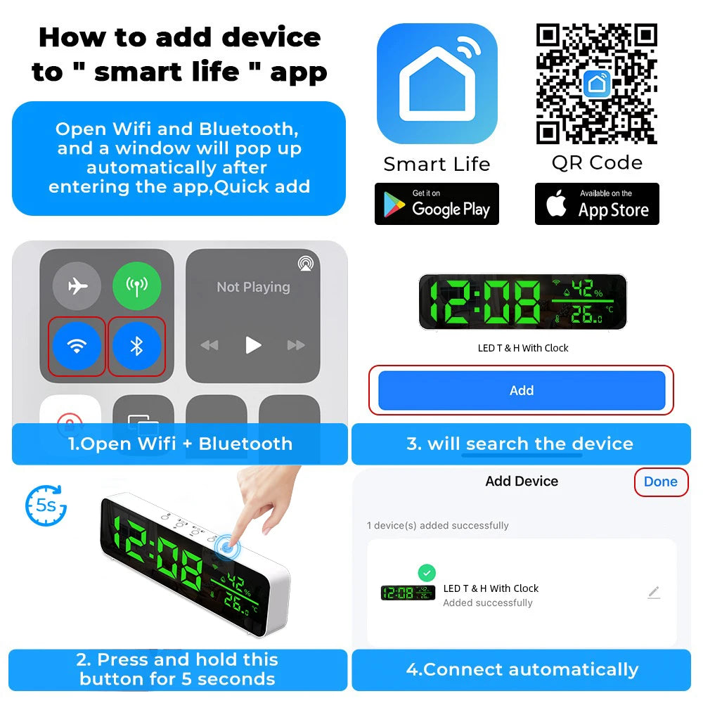 Tuya WiFi Temperature Humidity Sensor Support Time Alarm Clock Display USB Desktop Mirror LED Clocks for Living Room Decoration
