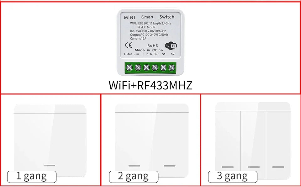 Tuya WiFi Smart Switch 433Mhz Relay Receiver Wireless 1/2/3 Gang 86 Wall Panel Switch APP Control Works with Alexa Google Home