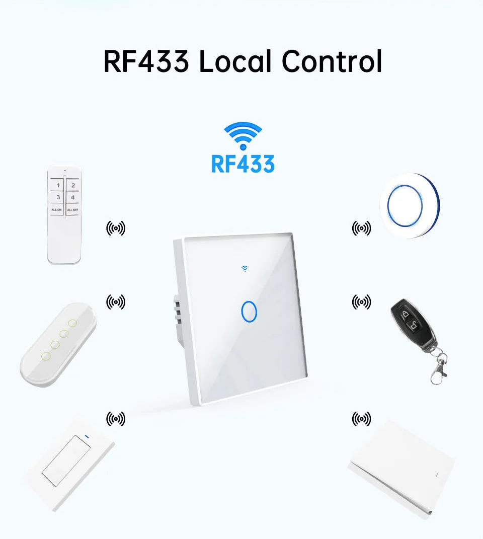 WiFi RF 433mhz Touch Wall Light Smart Switch 1 2 3 4 Gang Wireless Switch 220V with no Neutral EU Work Witch Tuya Alexa Google