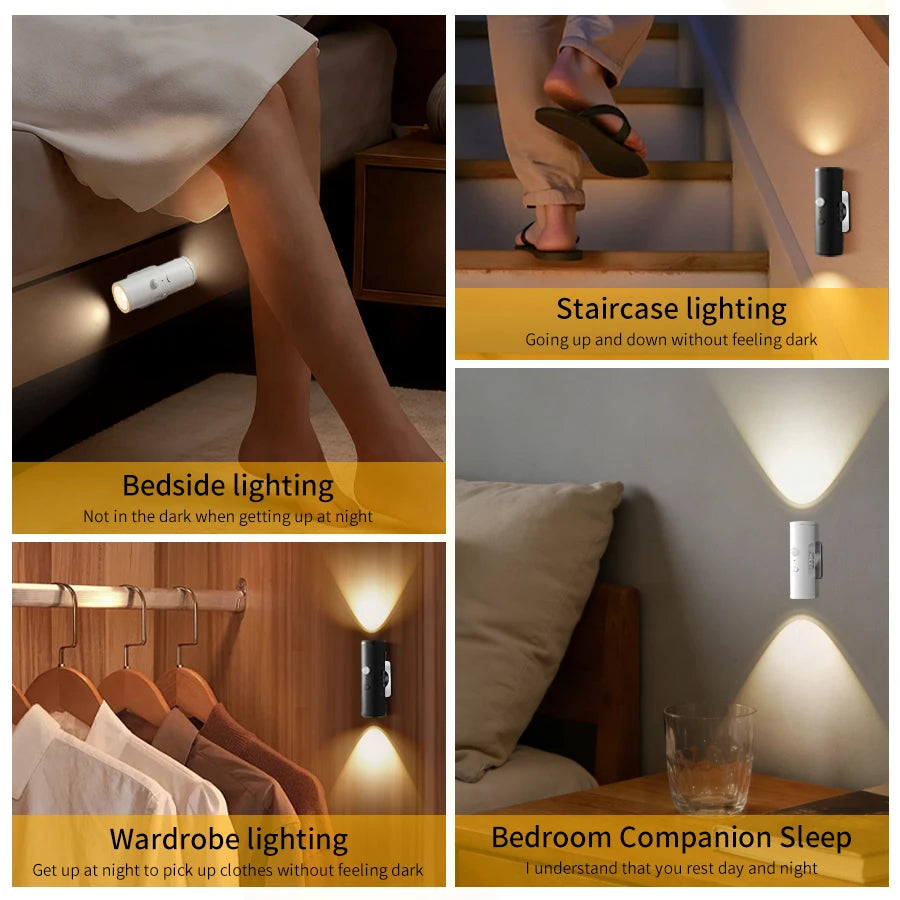 Rechargeable LED Night Light Motion Sensor Double-head Wall Lamp Magnetic Spotlight 3 Color For Bedroom Closet Stair Lighting