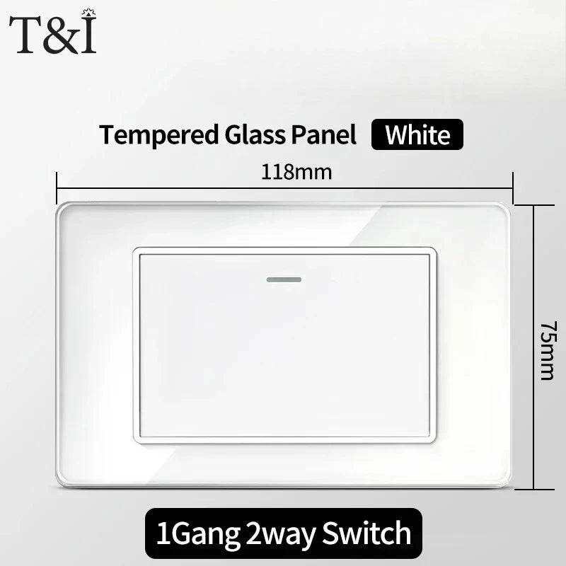 T&I 118*75mm Tempered Glass US Wall Socket White Thai USB Socket Plug with Dual USB Type-C Ports,Light Switch 110V