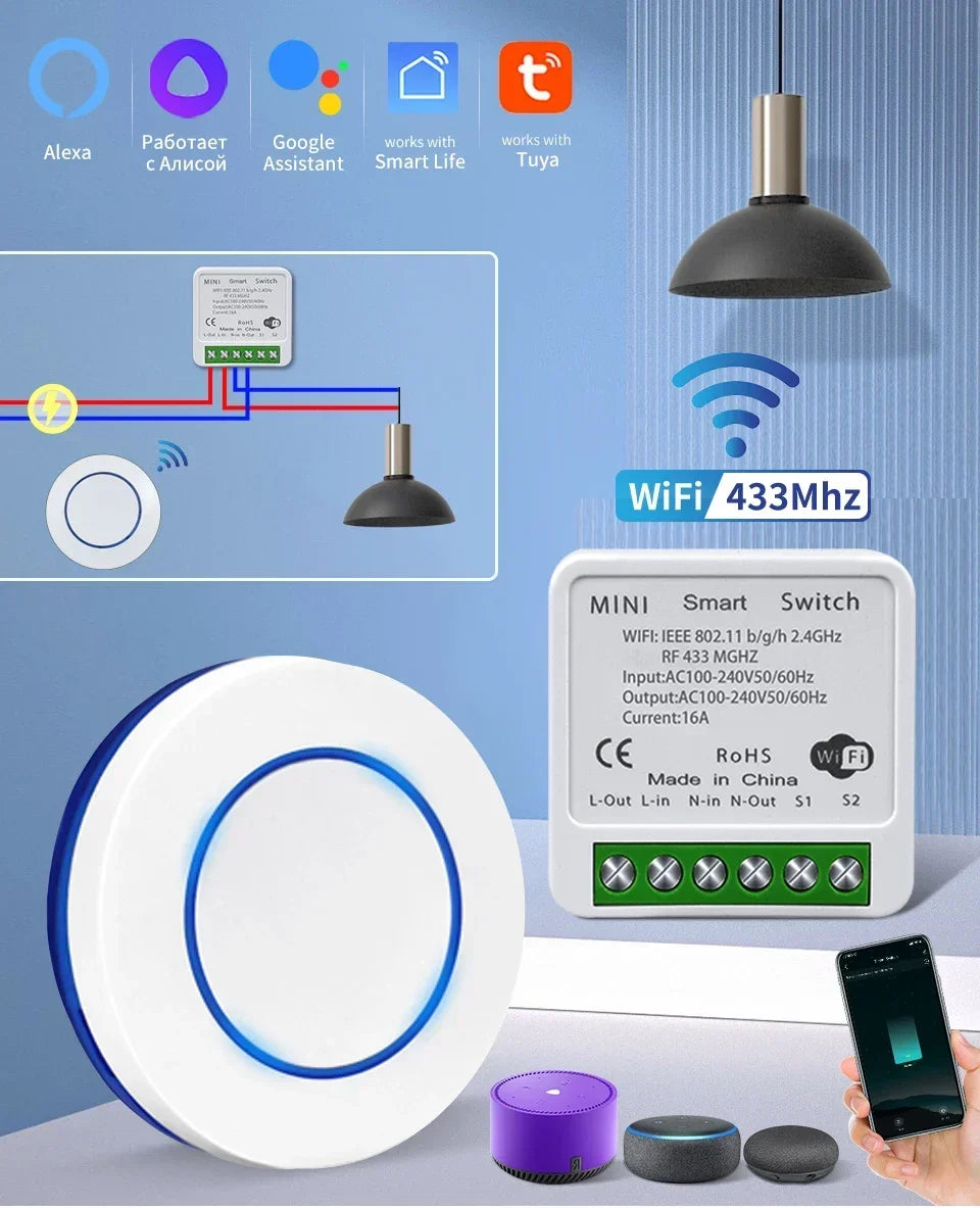 Tuya WiFi Smart Switch 16A RF433Mhz Wireless Mini Round Push Button Switch Alexa Google Assistant Voice Control Activation