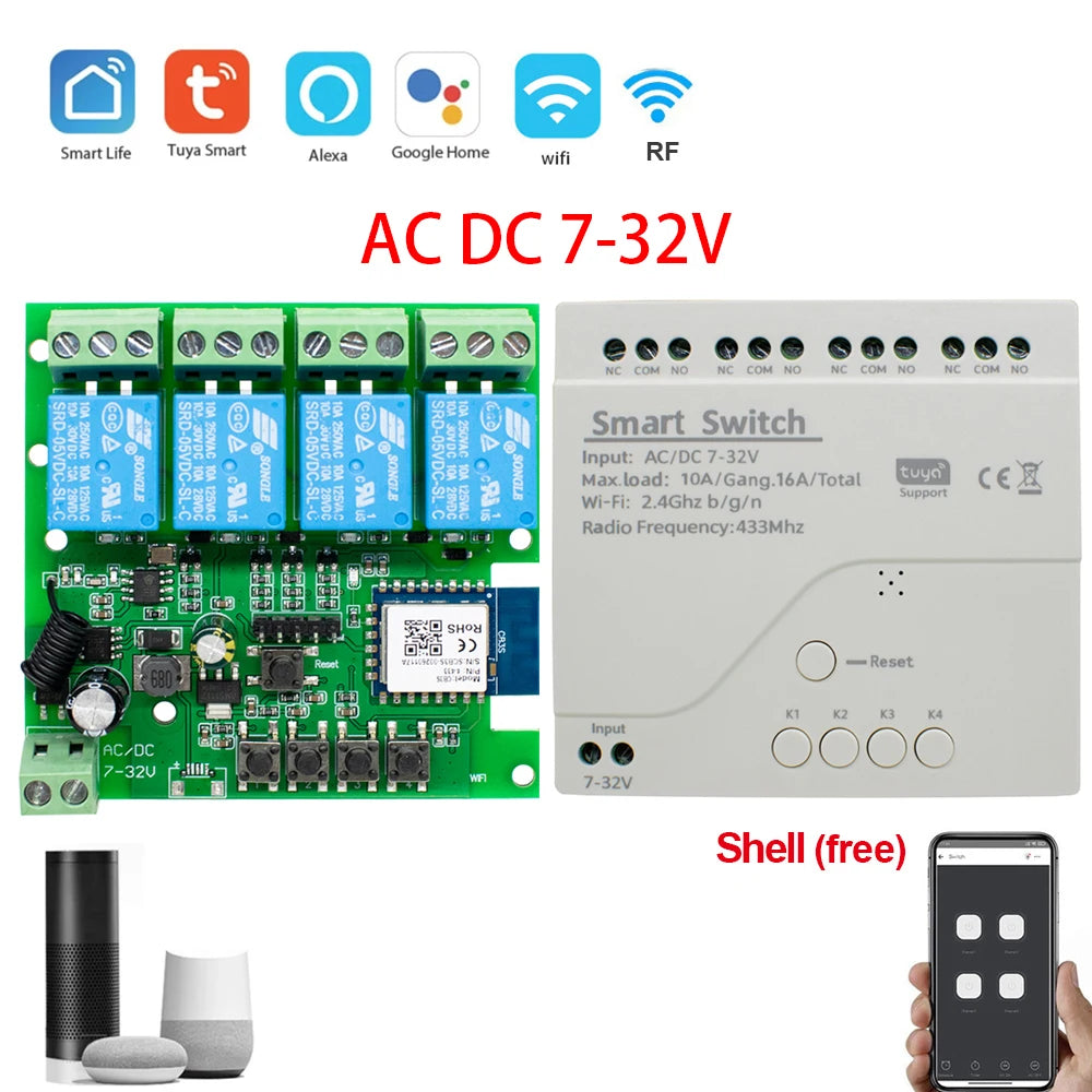 Tuya Smart Wifi Switch Module 12V 32V 220V RF 433 Radio Remote Control 1/2/4 Channels Relay for Alexa Google Home Smart Life