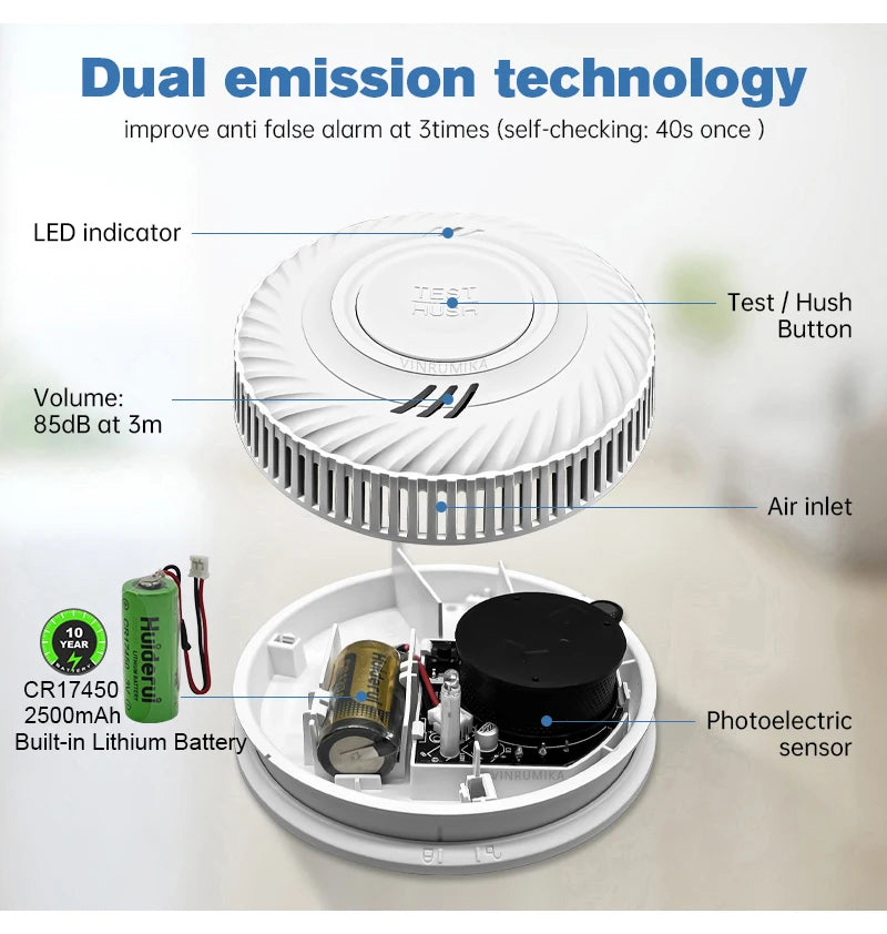 WiFi Tuya Smart Smoke Detector With Built-in 10 Year Lithium Battery For Parlor Room Kitchen Shop Fire Inspection Alarm Sensor