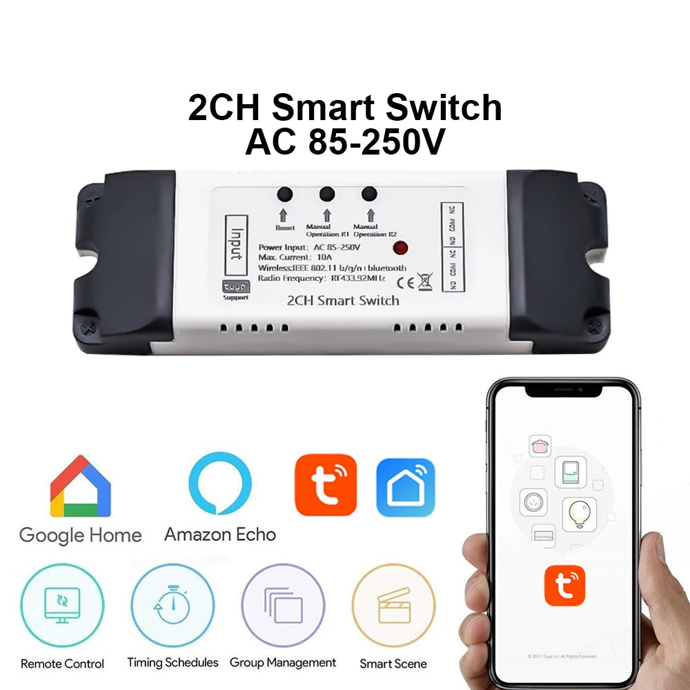 Tuya Wifi Smart Switch Electric Linear Actuator Motor Controller,DC AC 12V 24V 32V,110V 220V RF433 Remote,2CH Pulse Module Relay