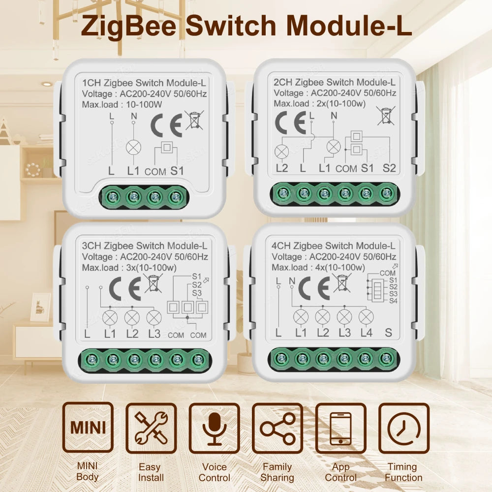 No Neutral Tuya ZigBee 3.0 Smart Switch Module 1 2 3 4 Gang Wire Required Smart Home DIY Light Breaker Works with Alexa Google