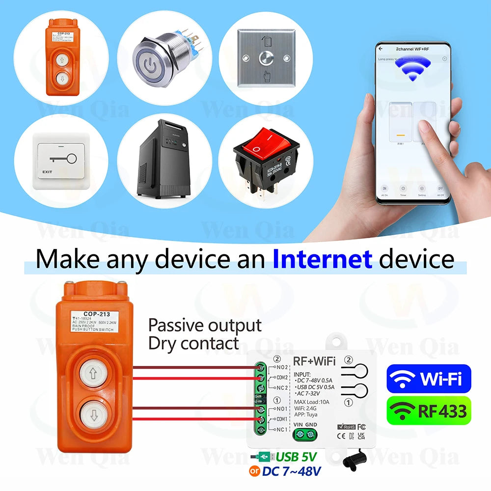 2CH Smart Light Switch Tuya,WiFi & RF Remote Control Module,USB 5V DC 12V 24V 48V,work with Alexa Google Home,for Lamp Fan Motor