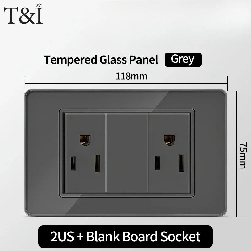 118*75mm Tempered Glass Socket US Wall Socket Grey Thai USB Socket Plug with Dual USB Type-C Ports,Light Switch 110V