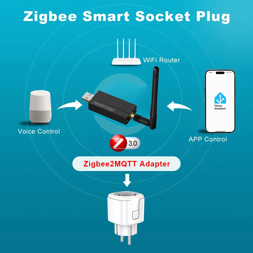 Home Assistant ZigBee Smart Plug 20A/16A EU Smart Socket with Power Monitor App Voice Control Works with Alexa Google Home Z2M
