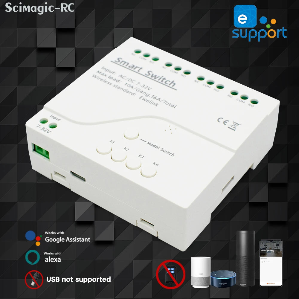 EWelink WiFi Smart 4CH Switch 220V 10A Relay Module APP Remote Control 12V 24V 85-250V Receiver Google Home Alexa
