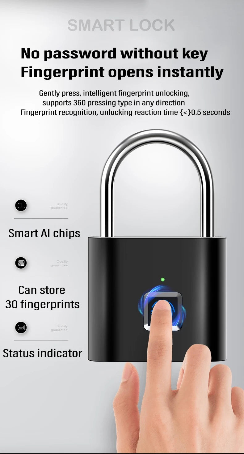Smart Fingerprint Padlock Keyless Waterproof Zinc Alloy Biometric Padlocks USB Charging Fingerprint Lock Anti-theft Door Lock