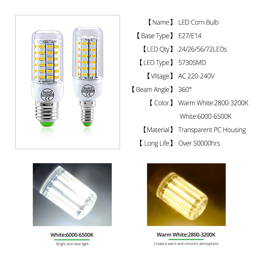 AC 220V E14 E27 LED Lamp SMD 5730 Corn Bulb 24 36 56 72LEDs Lamparas for Home Decoration Ampoule LED Light White Warm White