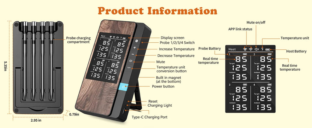 Wireless Meat Thermometer Digital Bluetooth Probe Thermometer Rechargeable with LCD Screen & Mobile APP for BBQ Oven Rotisserie