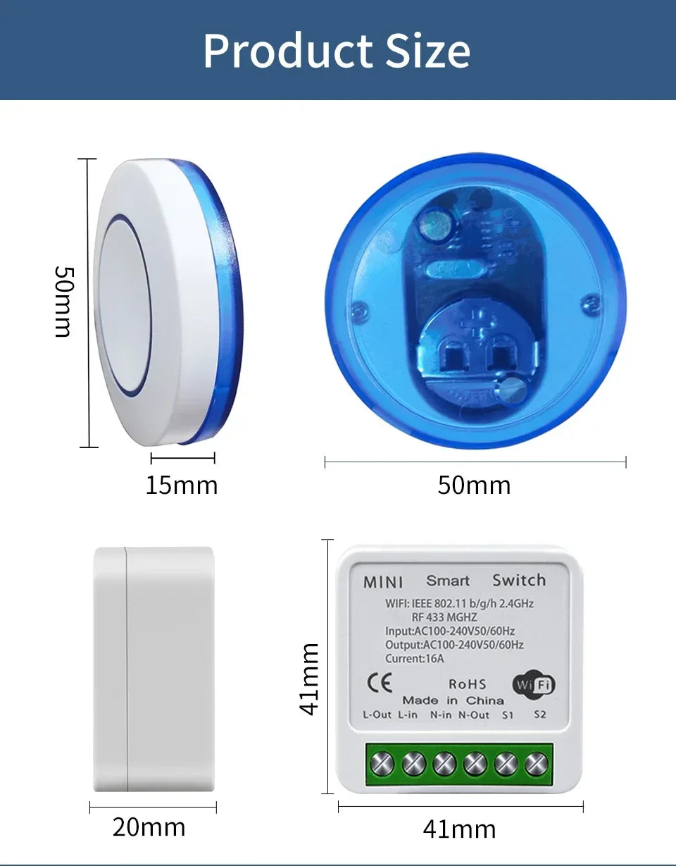 Tuya WiFi Smart Switch 16A RF433Mhz Wireless Mini Round Push Button Switch Alexa Google Assistant Voice Control Activation