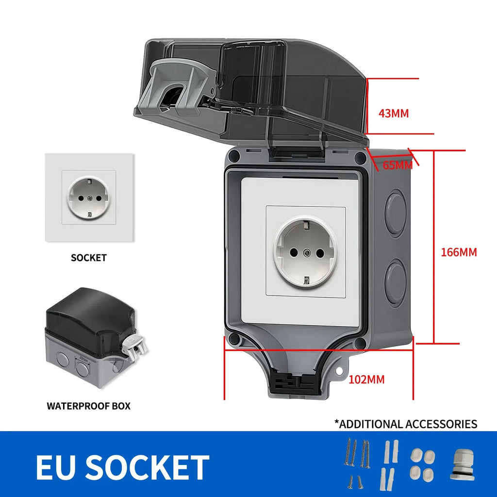 EU Socket IP66 Weather Dustproof Outdoor Plug Wall Socket Outlet Double Socket for Garden Garage Use Waterproof Box