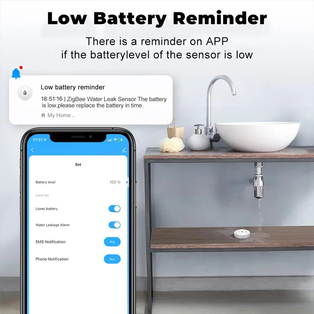 For Tuya Zigbee Water Leak Detector Smart Home Flood Sensor Real-Time Smart Life APP Alerts and Alarm History