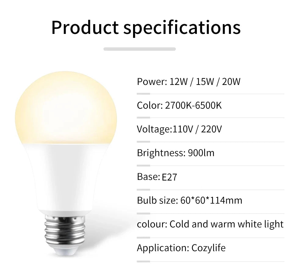 E27 WiFi Smart LED Light Bulbs 12W 15W 20W LED Lamp Dimmable Cozylife APP Control Home Lighting Support Alexa Google Assistant