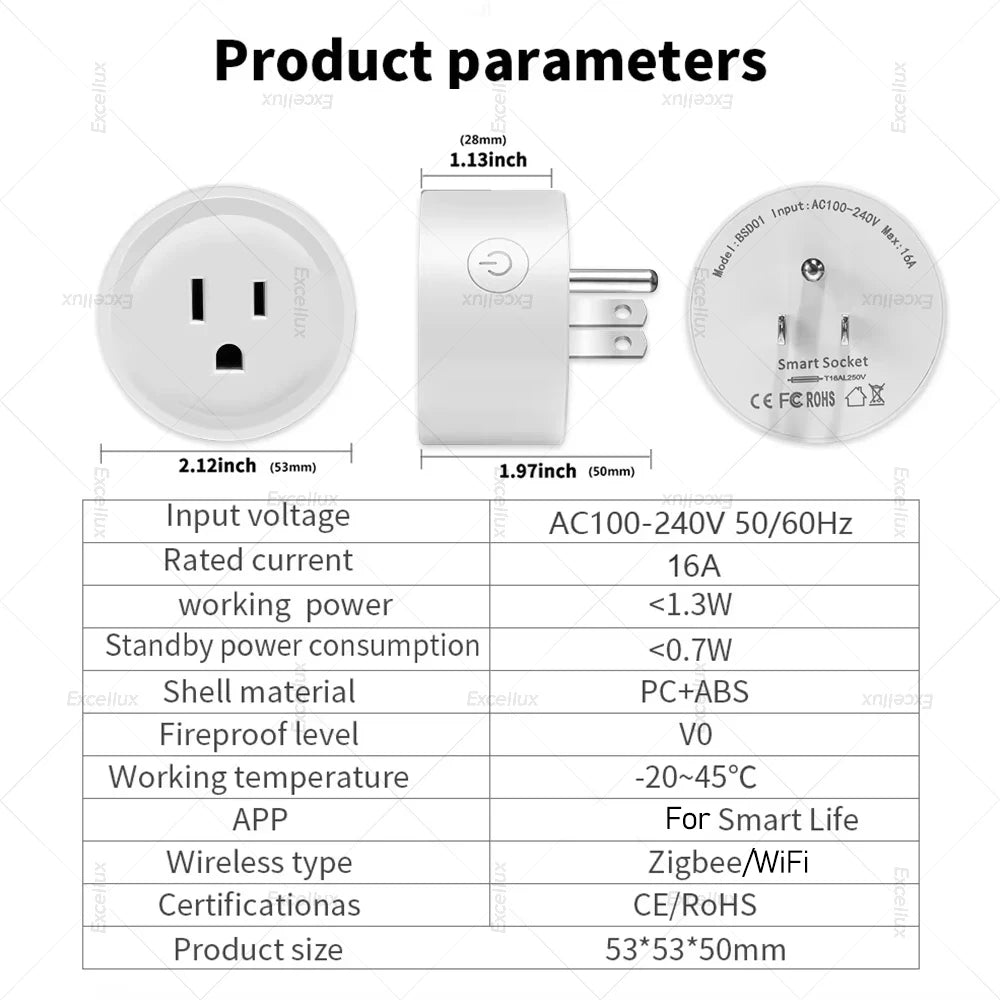 Tuya WiFi Or Zigbee Smart Socket US Plug 16A With Power Monitoring Timing Function WiFi Outlets Works With Alexa Home Assistant