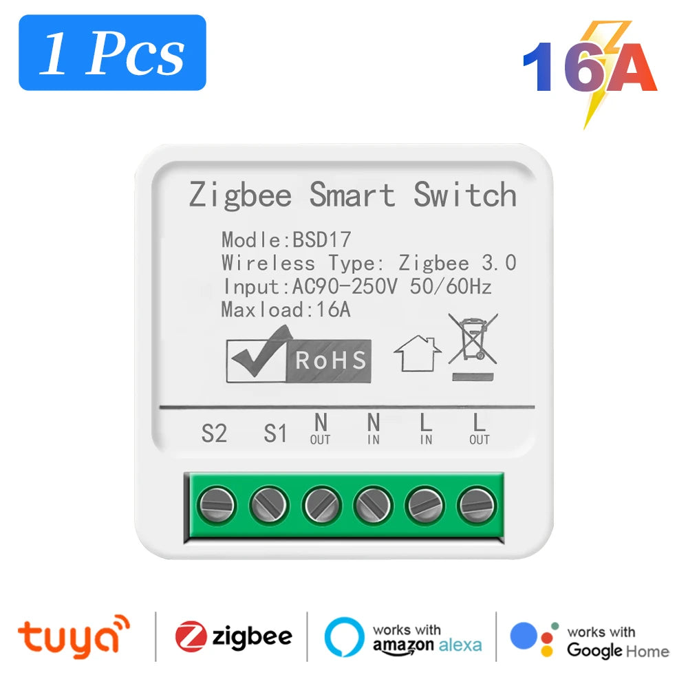 Smart ZigBee3.0 Light Switch Module 16A MiNi DIY Breaker Switch Supports 2 Way Control App Remote Control for Alexa Google Home