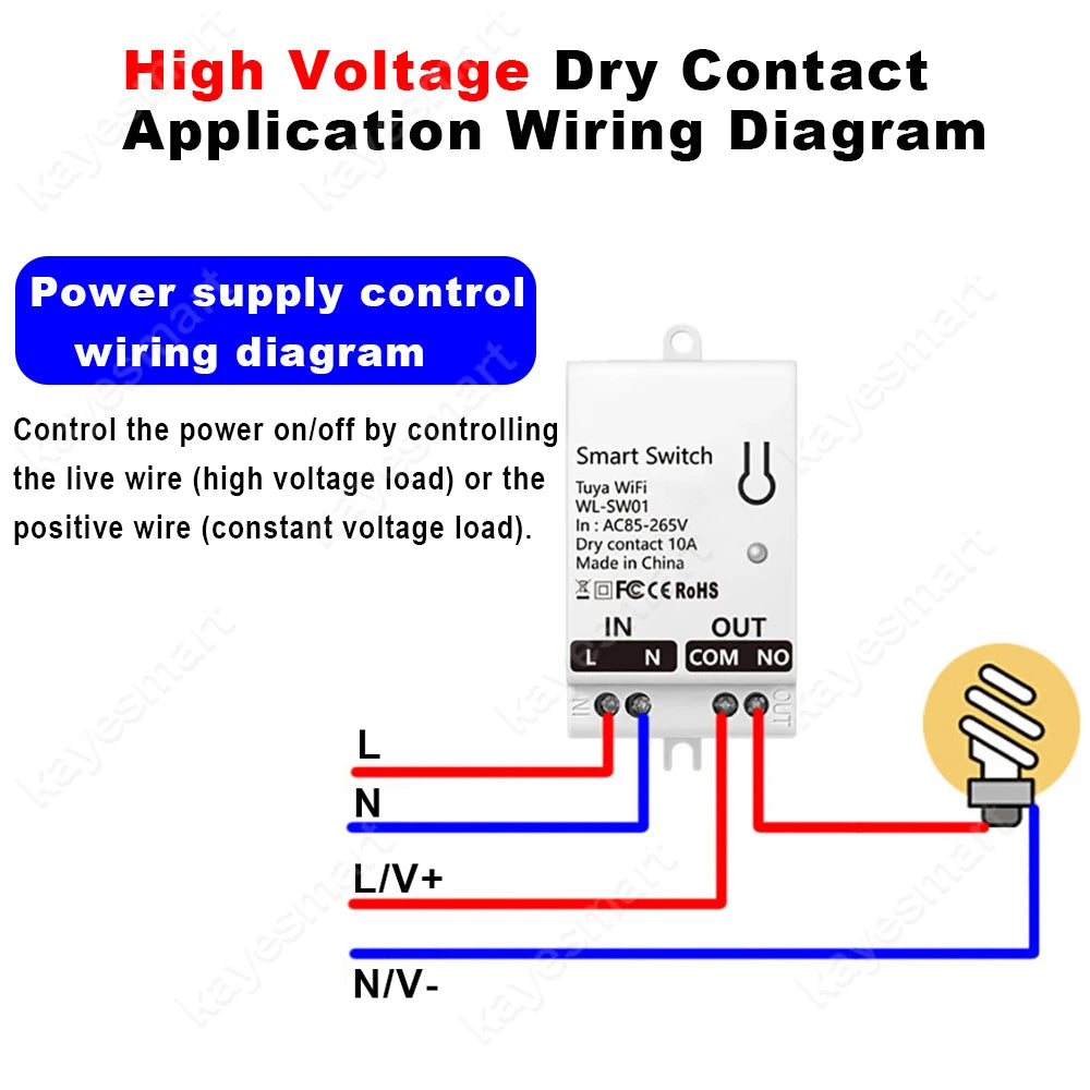 Tuya WiFi Smart Switch Module Dry Contact 10A Smart Home DIY Breaker Relay DC 8-40V AC 85-265V Works with Alexa Google Assistant